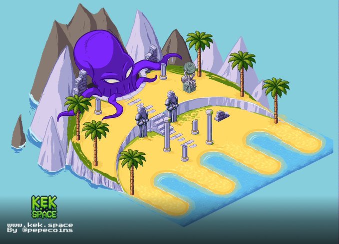A cartoon island scene with a purple octopus, palm trees, stone statues, and a winding path; text in the corner reads 'KEK SPACE' and 'www.kek.space By @pepecoins'.