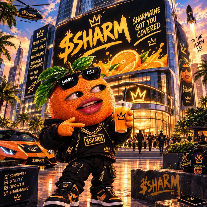 An anthropomorphic orange wearing sunglasses and a "$SHARM" chain holds an orange juice cup while posing in front of a Times Square billboard displaying "$SHARM" and "SHARMAINE GOT YOU COVERED" branding, visually matching the post's celebration of the meme coin's billboard takeover with promotional checkboxes for "Community, Utility, Growth, and Sharmaine."
