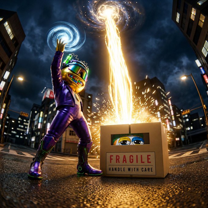 3D-rendered image of a character in a purple jacket and metallic helmet summoning a glowing portal above a cardboard box labeled 'FRAGILE - HANDLE WITH CARE' containing cartoon eyes, on a nighttime city street.