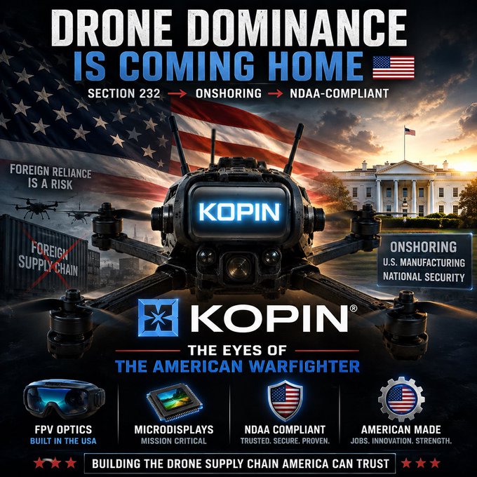 A promotional graphic for KOPIN titled 'DRONE DOMINANCE IS COMING HOME' highlighting Section 232, onshoring, and NDAA-compliance, featuring a drone with the KOPIN logo against an American flag backdrop.