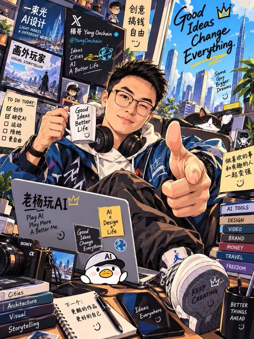 A vibrant illustrated poster of a young man with glasses and headphones giving a thumbs-up, surrounded by AI-themed text including "Good Ideas Change Everything" and "老杨玩AI".