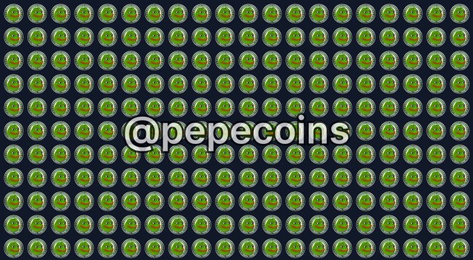 A grid of repeating Pepe the Frog pixel art icons serves as the background, with the text "@pepecoins" displayed in white across the center. The repetitive Pepe imagery reinforces the post's message celebrating the original Pepe coin ($PEPECOIN).