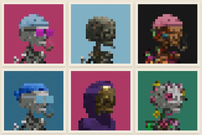 A 2x3 grid of six pixel-art character portraits, each displayed against different colored backgrounds (pink, blue, black, blue, magenta, green).
