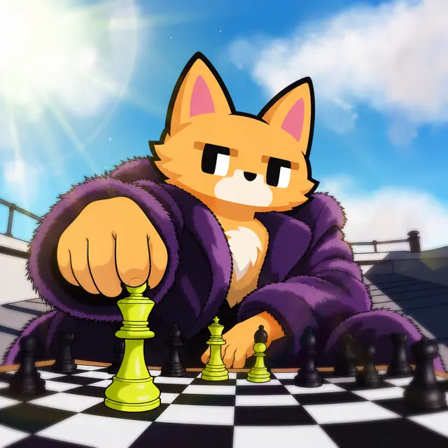 An orange cat wearing a fur-lined purple coat intently studies a chess board, ready to make a strategic move with the yellow pieces. The image's feline focus perfectly matches the "Cat szn" vibe, blending clever playfulness with cozy feline flair.