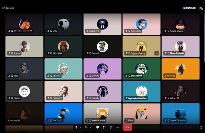 The image shows a Telegram-style chat interface displaying a grid of colorful user profile tiles with names like "Abdol", "Adamdon81", "Anjola_olowa", "Assam", "BIG-TEN", "Central", "Crypto playboy", "Marw (Retired)", "El axan", "Chloma", "Emmay", "EscanorOX", "excelona", "Faezeh", "Fateme", "Ferosky", "Zogboy hates Atlas", "kelvin_23", "Koko Mag", "LOUIS", "Mattie Cats", "Mattix", and "Matties Batman". 

The interface aligns with the post's mention of "Alpha Night" hosted by @Mattymatrix_, suggesting this is the virtual gathering space where NFT community members convene to discuss the quiet market and mixed October sentiment referenced in the post.