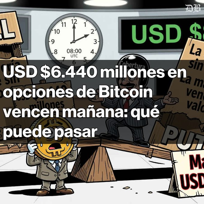 Cartoon illustration of a financial scene with a clock showing 08:00 UTC and text in Spanish stating 'USD $6.440 millones en opciones de Bitcoin vencen mañana: qué puede pasar'.