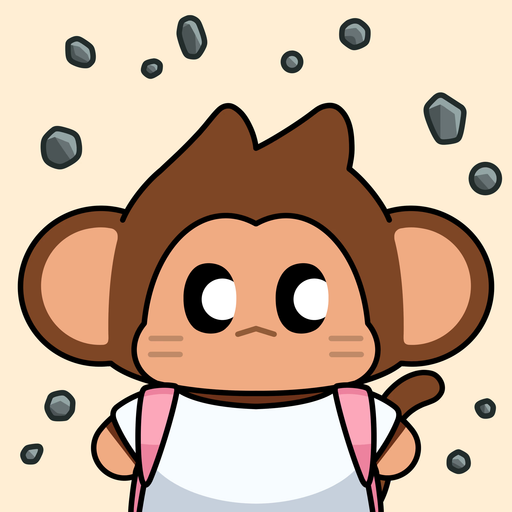 A cute cartoon illustration of a brown monkey character with big eyes wearing a white shirt and pink backpack straps, surrounded by floating stones on a beige background.