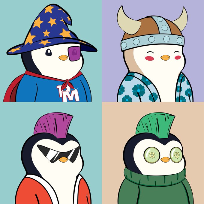 Four cartoon penguins in a grid, each dressed in different costumes including a wizard, viking, cool punk with sunglasses, and in a green sweater with cucumber slices over its eyes.