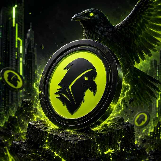 A dark fantasy digital artwork featuring a black raven perched behind a large glowing green circular emblem with a hooded figure design, set against a dark background with green energy effects.