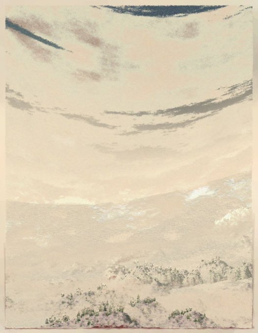 The image features a painting of a landscape with clouds, trees, and mountains. The artist has used a light beige color palette for the sky and ground, creating a serene atmosphere. The painting depicts a mountain range under a cloudy sky, giving viewers a sense of being in nature surrounded by the beauty of the outdoors.
