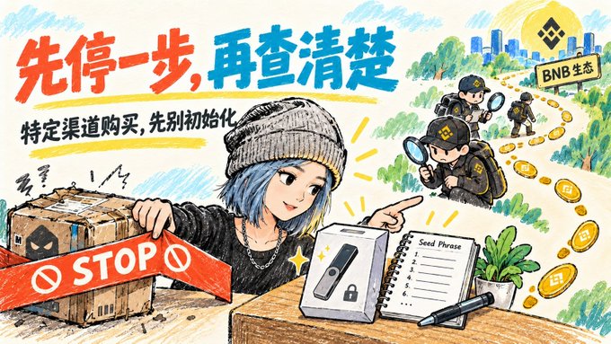 A colorful hand-drawn illustration featuring a character in a beanie pointing at a ledger labeled 'Seed Phrase' and a hardware wallet, with Chinese text including '先停一步,再查清楚' (Stop one step, then check clearly) and a 'STOP' sign, alongside 'BNB生态' (BNB Ecosystem).