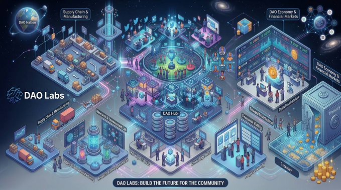 A detailed isometric illustration depicts a 'DAO Labs' ecosystem with labels including 'Supply Chain & Manufacturing,' 'DAO Hub,' 'Proposal Voting,' and 'Treasury,' captioned 'DAO LABS: BUILD THE FUTURE FOR THE COMMUNITY.'