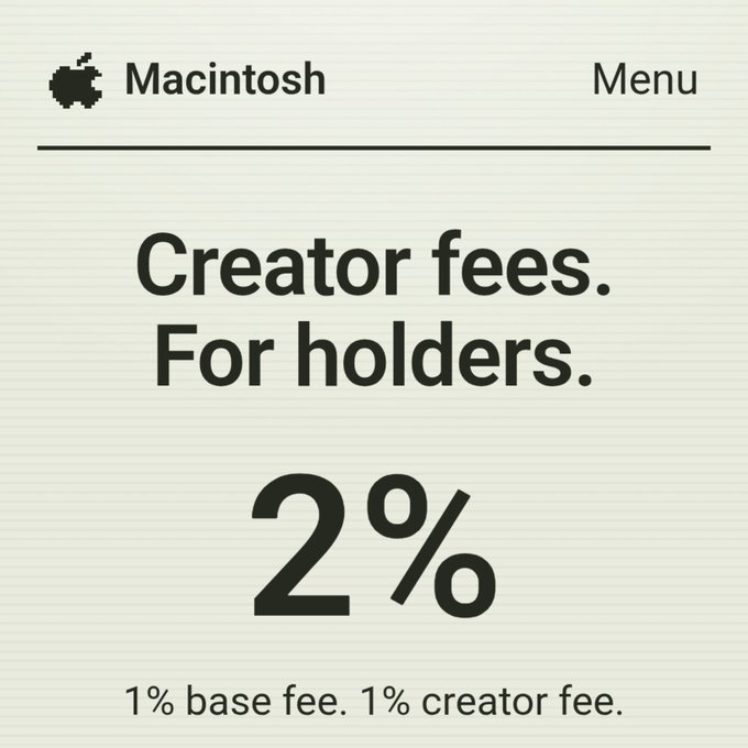 A graphic showing "Creator fees. For holders. 2%" with "1% base fee. 1% creator fee" beneath, branded with a Macintosh apple logo and Menu.