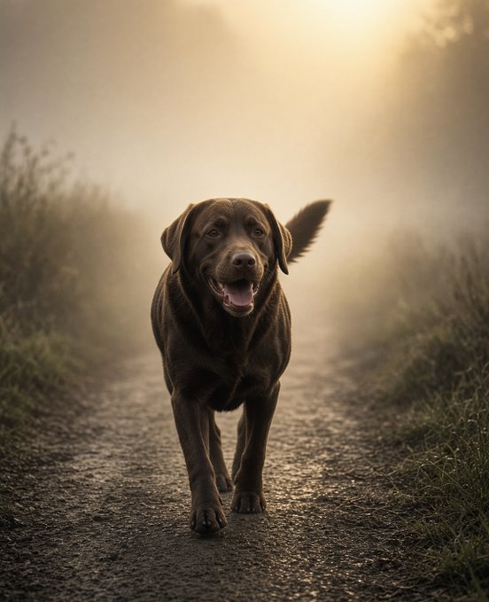 A photograph of a chocolate Labrador retriever walking toward the camera on a misty dirt path, with tall grass on either side and warm sunlight filtering through the fog behind the dog.