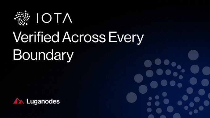 A dark promotional graphic for IOTA featuring the tagline 'Verified Across Every Boundary' with the Luganodes logo in the bottom left corner.