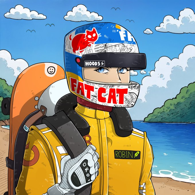 A stylized NFT illustration shows a helmeted racer figure with a "FAT CAT" labeled visor, "HOODS" branding, and a "ROBIN" chest patch, set against a coastal backdrop with an orange traffic cone companion. The image ties to the post's racing-themed teaser, with the "OpenSea" collection link and August 31st date suggesting a grid-drop launch event for the racer-themed digital collectibles.