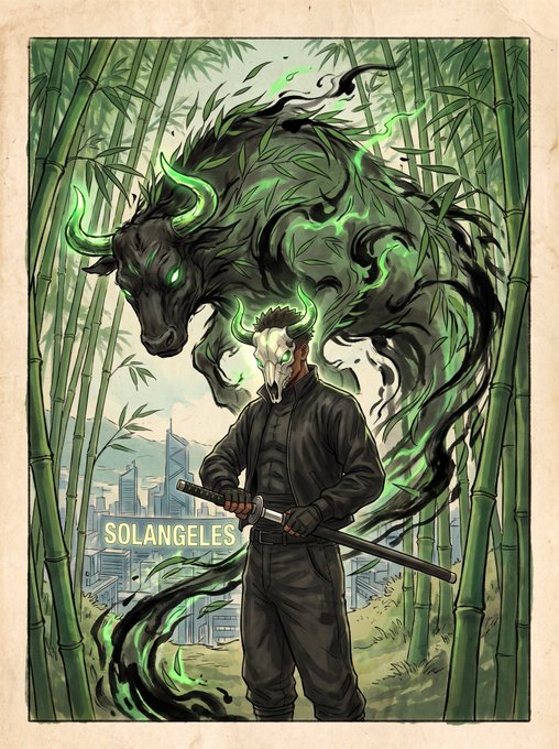 An illustrated poster showing a figure in dark clothing wearing a horned skull mask and holding a katana, with a spectral green-horned bull spirit looming behind them in a bamboo forest overlooking Los Angeles.