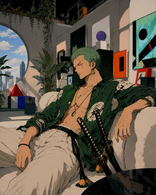 An anime-style illustration of a green-haired character with a sword, wearing an open green kimono-style robe, lounging in a modern room with art pieces and plants.