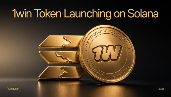 A gold 1win token coin with the inscription "1WIN VERIFIED IN CRYPTO" and "1win Crypto Casino 2026 End of Success" leans against a stack of three gold bars, with the headline "1win Token Launching on Solana" displayed above, visually representing the upcoming launch of the 1win token on the Solana blockchain.