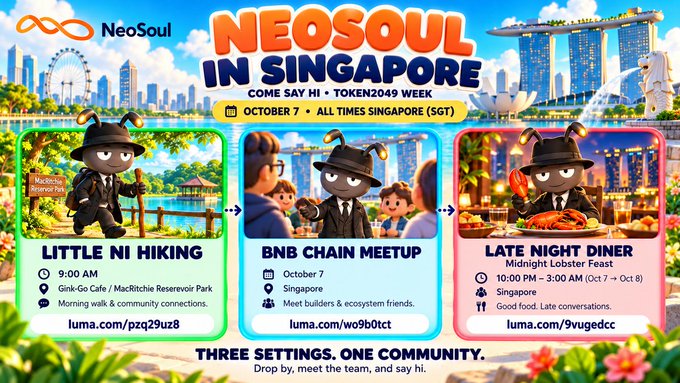 A colorful promotional graphic for 'NEOSOUL IN SINGAPORE' during Token2049 Week on October 7, advertising a Little Ni Hiking morning event, a BNB Chain meetup, and a Midnight Lobster Feast late-night dinner.