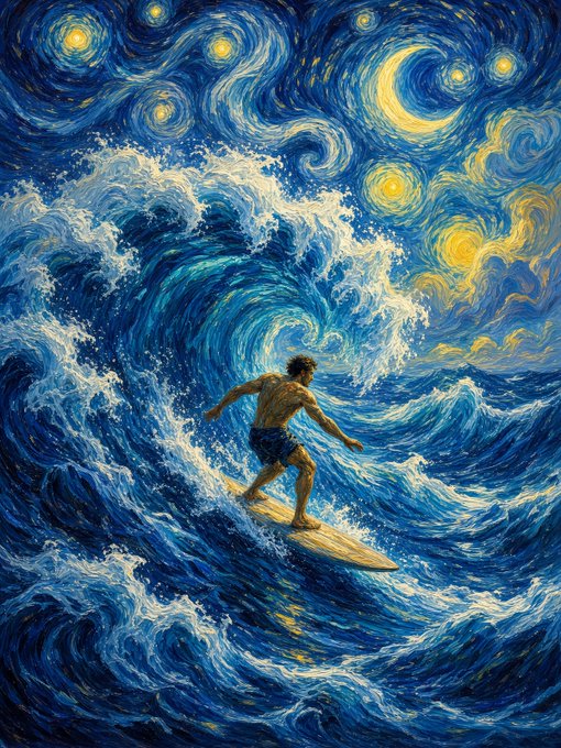 A painting in the style of Van Gogh's "Starry Night," depicting a man surfing on a massive blue ocean wave under a swirling starry night sky.
