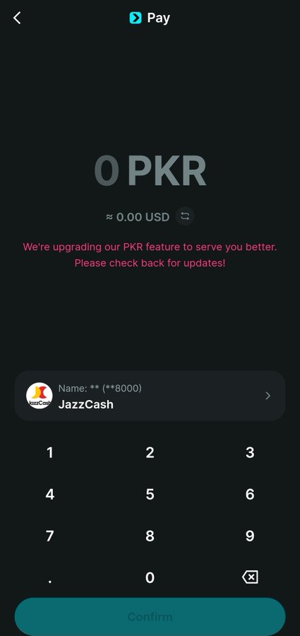 A dark-themed mobile payment screen showing "0 PKR" (≈ 0.00 USD) with a message stating "We're upgrading our PKR feature to serve you better. Please check back for updates!" alongside a JazzCash account ending in 8000. This illustrates the Bitget Wallet API/payment issue mentioned in the post, where PKR transfers are temporarily unavailable, forcing the user to seek alternative payment methods like RedotPay.