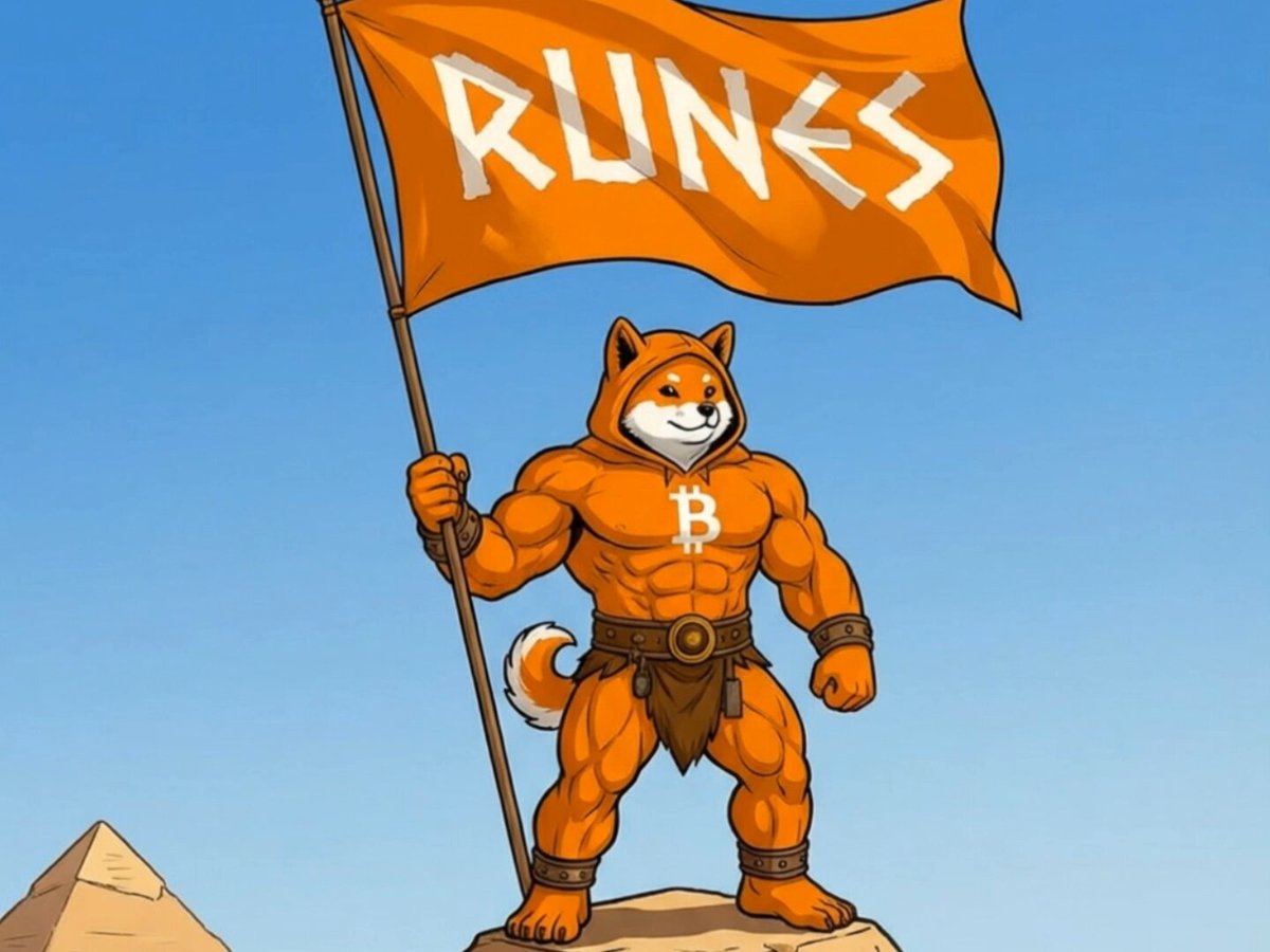 The image features a cartoon character, likely a dog or a fox, standing on top of a rock with an orange flag that says "RUNES" written on it. The character appears to be holding the flag high above its head, proudly displaying the message. The background is a clear blue sky, which contrasts nicely with the vibrant colors of the flag and the character's fur or skin tone.