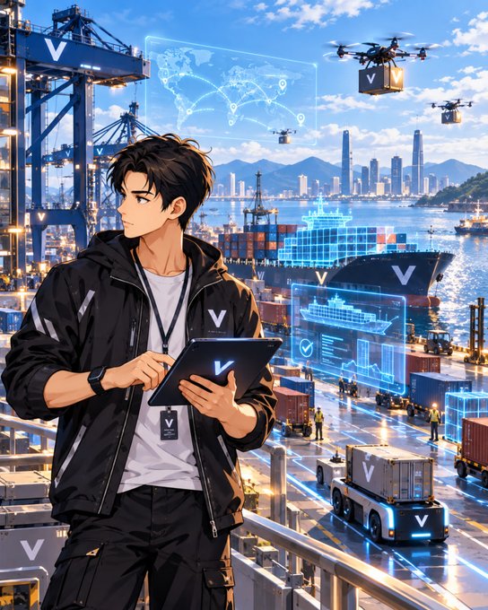 An anime-style illustration of a man in a black jacket holding a tablet, standing in a modern port city with cargo ships, shipping containers, drones, and holographic displays.