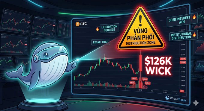 A crypto trading chart graphic featuring a whale character projecting a beam, with text including 'BTC', 'LIQUIDATION SQUEEZE', 'RETAIL TRAP', 'VÙNG PHÂN PHỐI DISTRIBUTION ZONE', '$126K WICK', 'SELL', 'OPEN INTEREST ATH', 'INSTITUTIONAL DISTRIBUTION', and the 'WhaleTracer' logo.