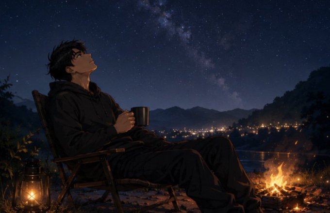 A young man sits relaxed in a camping chair by a crackling campfire and glowing lantern, gazing up at a stunning Milky Way-filled night sky while holding a mug. The serene scene perfectly complements the message about slowing down and savoring a peaceful Sunday—capturing that quiet moment of rest beneath the stars.