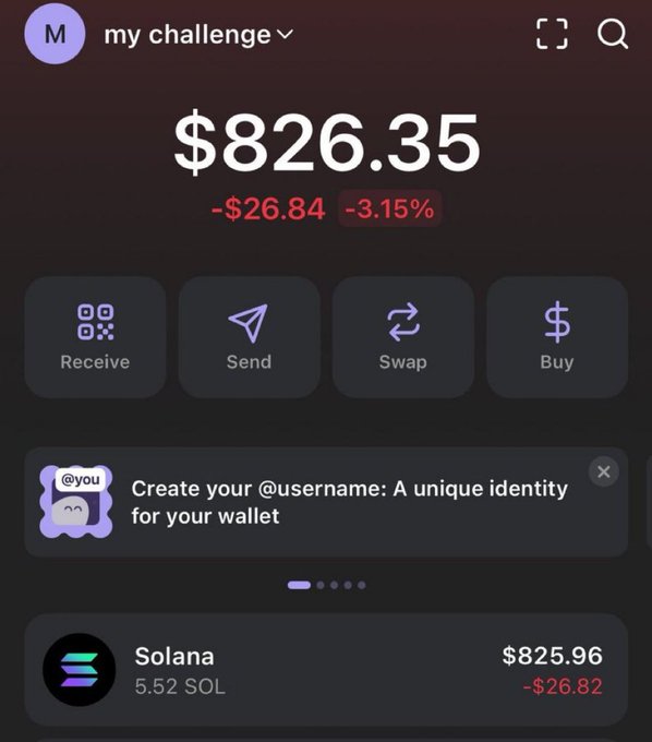 A crypto wallet app screen displays a balance of $826.35, down $26.84 (-3.15%), holding 5.52 Solana (SOL) valued at $825.96, illustrating the starting point of an "$800 → $8,000,000 challenge" announced on X.