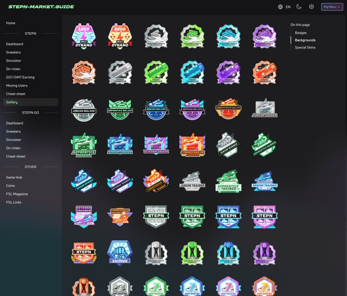 A screenshot of the STEPN Market Guide website showing a gallery of colorful achievement badges, NFT icons, and various decorative items arranged in a grid layout.