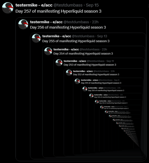 A recursive X/Twitter screenshot showing nested posts by user 'testermike - e/acc @testdumbass' repeatedly posting 'Day [number] of manifesting Hyperliquid season 3' cascading inward.
