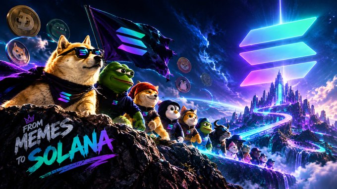 A digital artwork featuring a lineup of meme characters including Doge, Pepe, and others holding flags, with the text 'FROM MEMES TO SOLANA' and the Solana logo.