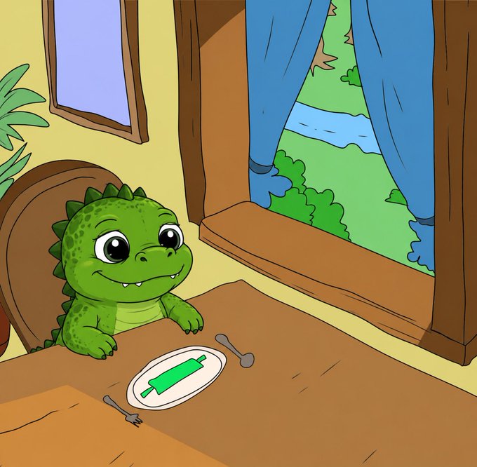 Cartoon illustration of a green dinosaur sitting at a table with an empty plate that has a green popsicle stick, looking out a window.
