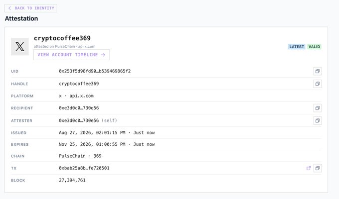 A screenshot of a PulseChain attestation page for user 'cryptocoffee369', showing details like UID, recipient '0xe3d0c0...730e56', and status marked as 'VALID'.