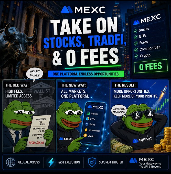 A promotional graphic for MEXC advertising 'TAKE ON STOCKS, TRADFI, & 0 FEES' with a three-panel meme featuring Pepe the Frog characters showing the old way (high fees), the new way (MEXC platform), and the result (zero fees, max gains).