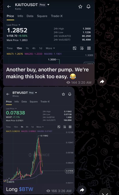 A screenshot from Binance showing two cryptocurrency charts: $KAITOUSDT at 1.2852 (+9.56%) with the caption "Another buy, another pump. We're making this look too easy," and $BTWUSDT at 0.07838 (+7.11%) with the caption "Long $BTW," illustrating the trader's contrarian bullish thesis on $BTW following its 50% drop two days prior.