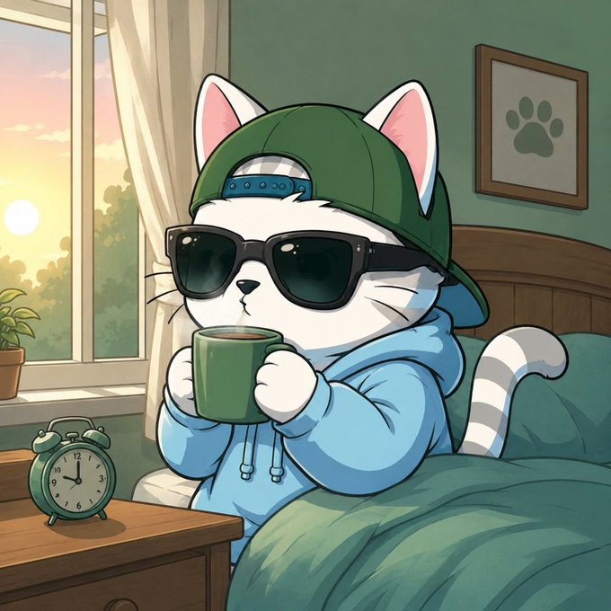 A stylish white cat wearing a green backwards cap, sunglasses, and a blue hoodie sips coffee in bed at sunrise, embodying a chill "GM" (good morning) Web3 vibe that matches the post's greeting to the River community.
