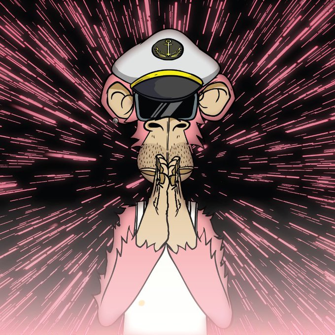 An animated pink monkey wearing a captain's hat and VR goggles, with its hands clasped together in a praying position against a dynamic pink and black starburst background.