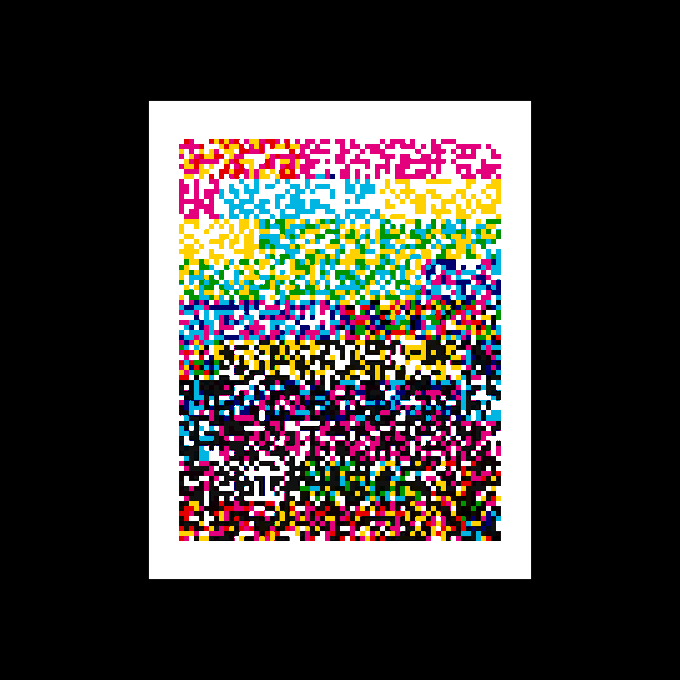 An abstract image filled with pixelated colorful shapes and patterns on a white background with black borders.
