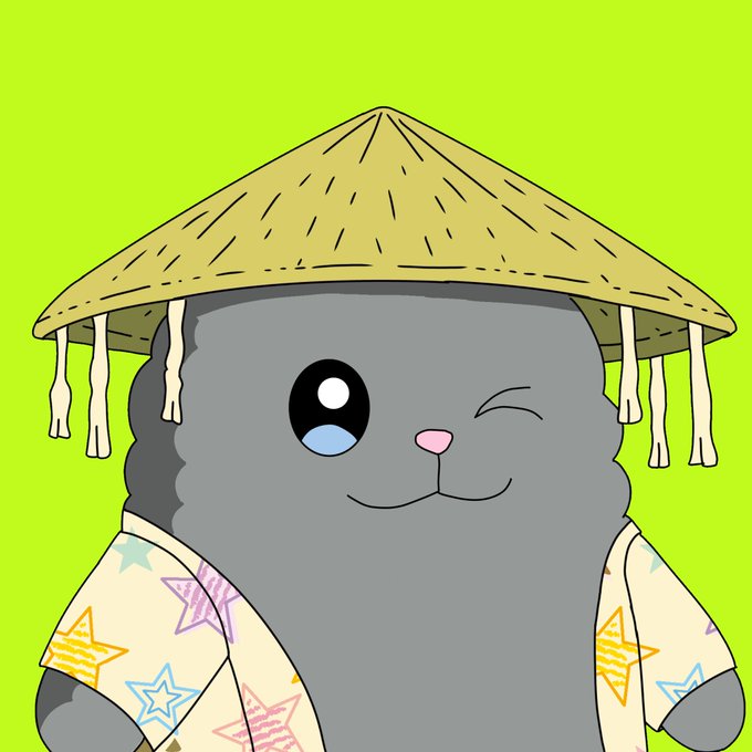A cute cartoon gray character with large eyes wearing a straw hat and a star-patterned shirt, set against a bright yellow-green background.