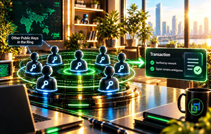 A digital illustration showing several figures with key icons arranged in a ring around glowing concentric circles, with labels 'Transaction' and 'Other Public Keys in the Ring' on a desk overlooking a city skyline.