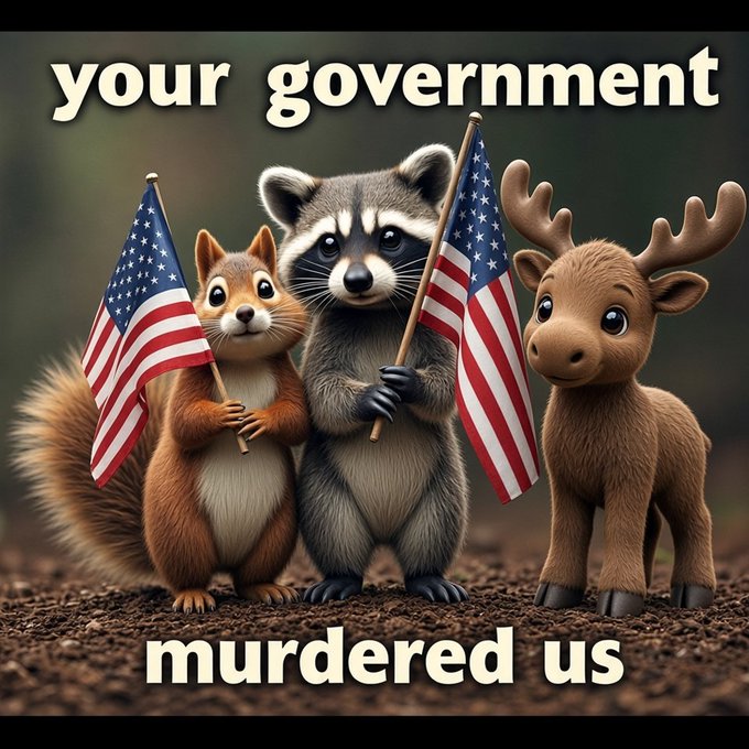 A meme featuring cartoon animals—a squirrel, raccoon, and moose—holding small American flags, with text reading 'your government murdered us'.