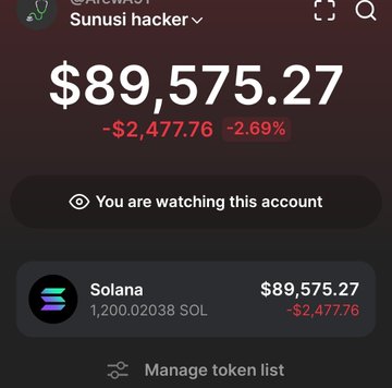A screenshot of a Solana wallet tracker showing the "Sunusi hacker" account holding $89,575.27 (1,200.02038 SOL), down $2,477.76 (-2.69%), which corresponds to the post detailing the hacker's wallet holdings and 38 SOL transfer to a second wallet.