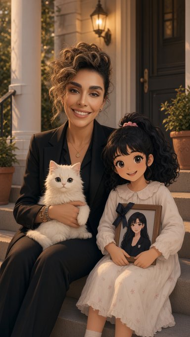 A woman in a black suit holds a white fluffy cat while sitting next to a young girl in a white dress holding a framed portrait, posed on the steps of an elegant doorway.