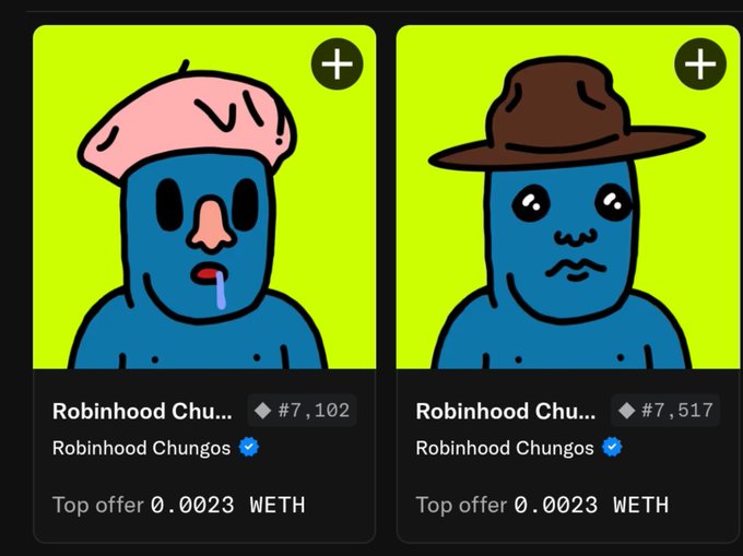 Two NFT listings for 'Robinhood Chungos' #7,102 and #7,517, both priced at 0.0023 WETH, featuring cartoon blue characters with different hats.