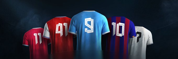 Five soccer jerseys displayed against a dark smoky background, featuring numbers 11, 91, 9, 10, and 7 in various team colors.