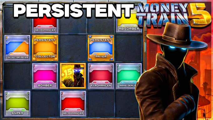 A promotional graphic for the video game 'PERSISTENT TRAIN 5', showing a grid of class cards like 'Necromancer' and 'Bomber' alongside a character in a trench coat and fedora with glowing blue eyes.