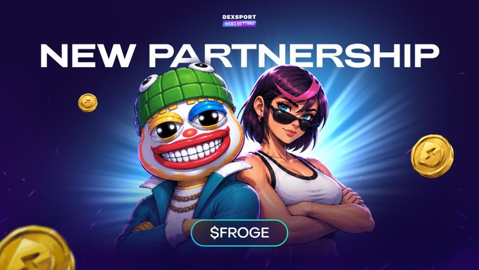 A vibrant promotional graphic announcing a "NEW PARTNERSHIP" between Dexsport and $FROGE, featuring cartoon-style character mascots alongside gold coins against a glowing blue background, with "Dexsport Web3 Betting" branding at the top to highlight the collaboration mentioned in the post.